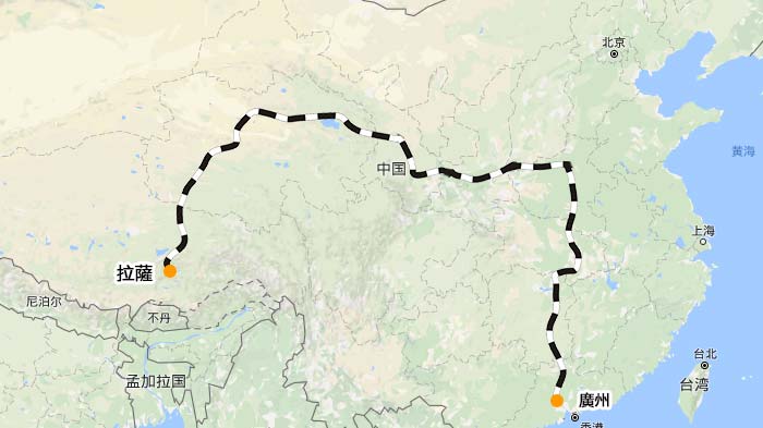 廣州-拉薩火車路線圖