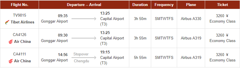 拉薩-北京航班班次